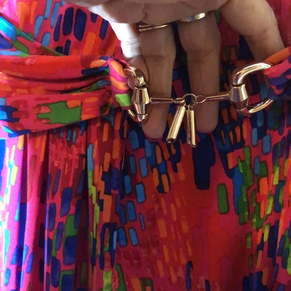 Ellen Tracy Pixel Neon Wrap Dress Gold Bit at Wrap Cap Sleeve SZ 2 - Picture 4 of 7